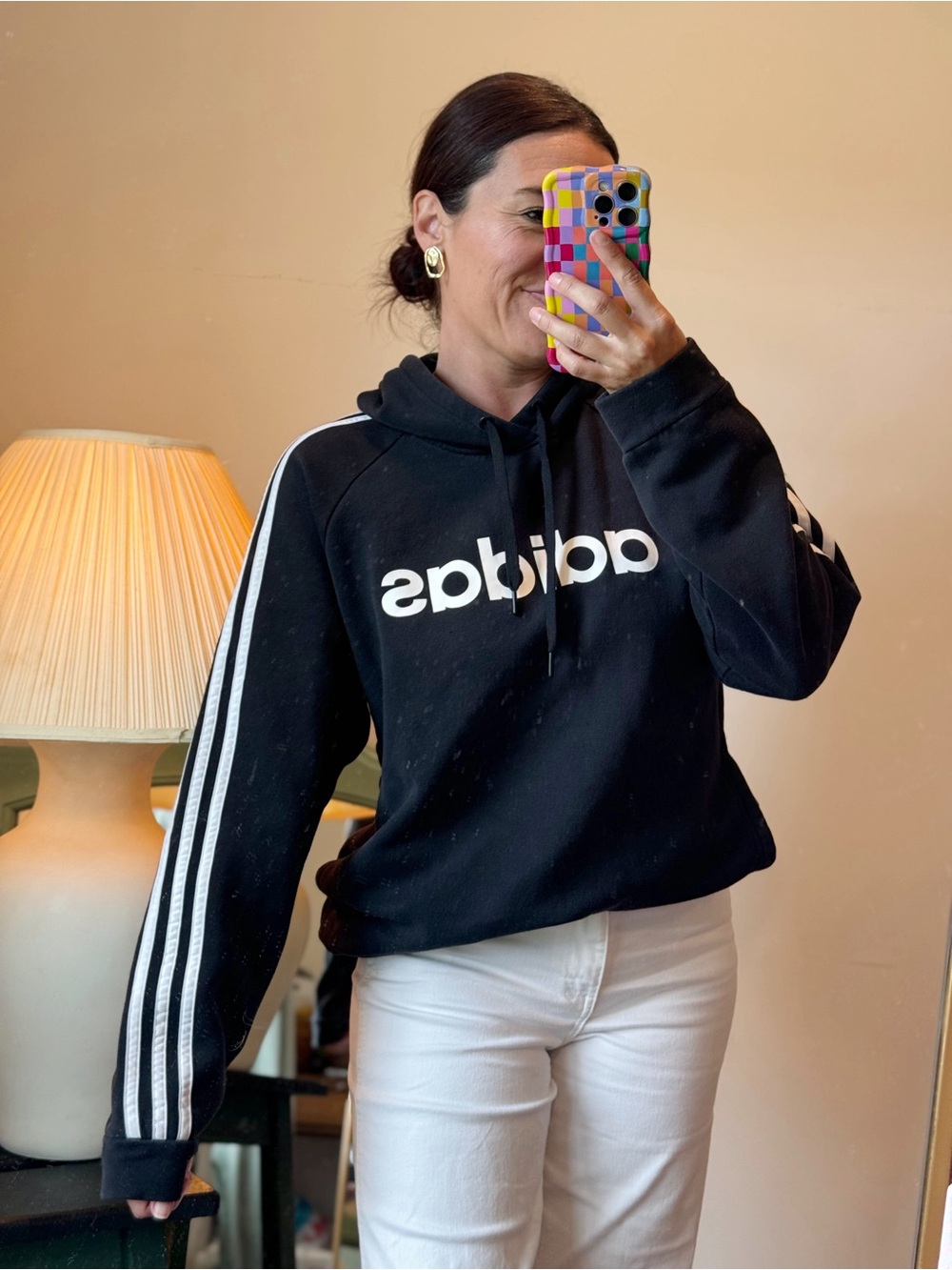 adidas Black Hoodie with White Stripes and Logo